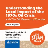 Promotional graphic for the "Understanding the Local Impact of the 1970s Oil Crisis" event hosted by Lambton County Library.