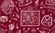 White and red graphic with white lined icons.
