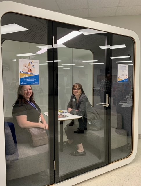 The new Connection Cube coming to Sarnia Library this summer was tested by Darlene Coke and Greer Macdonell at the Age-Friendly Expo, June 14.
