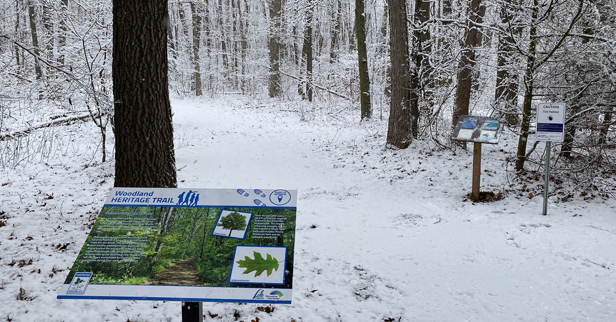 One of the interpretative signs on the Woodland Heritage Trail