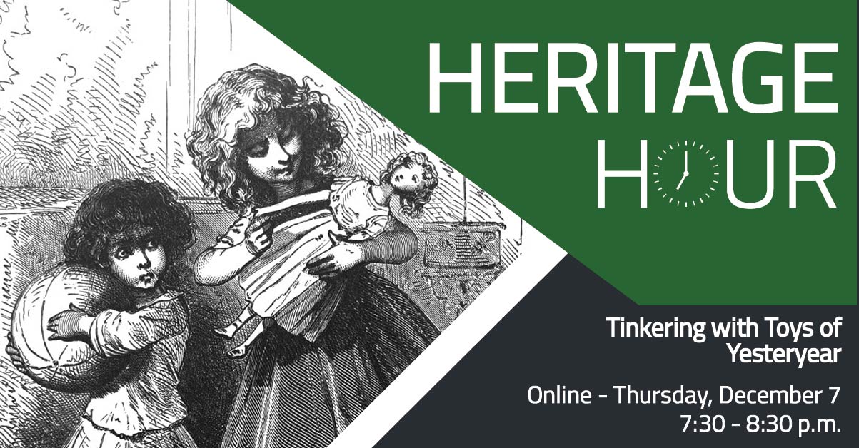 historical illustration of two children playing with toys, beside text of event details