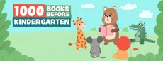 Illustration of a bear wearing glasses holding an open pink book, reading to four animals—a giraffe, a gray mouse, a red-maned lion, and a green alligator—sitting on grass with bushes in the foreground and blue sky with clouds in the background. On the left side, bold text reads “1000 Books Before Kindergarten” in white and green letters on red and blue banners.