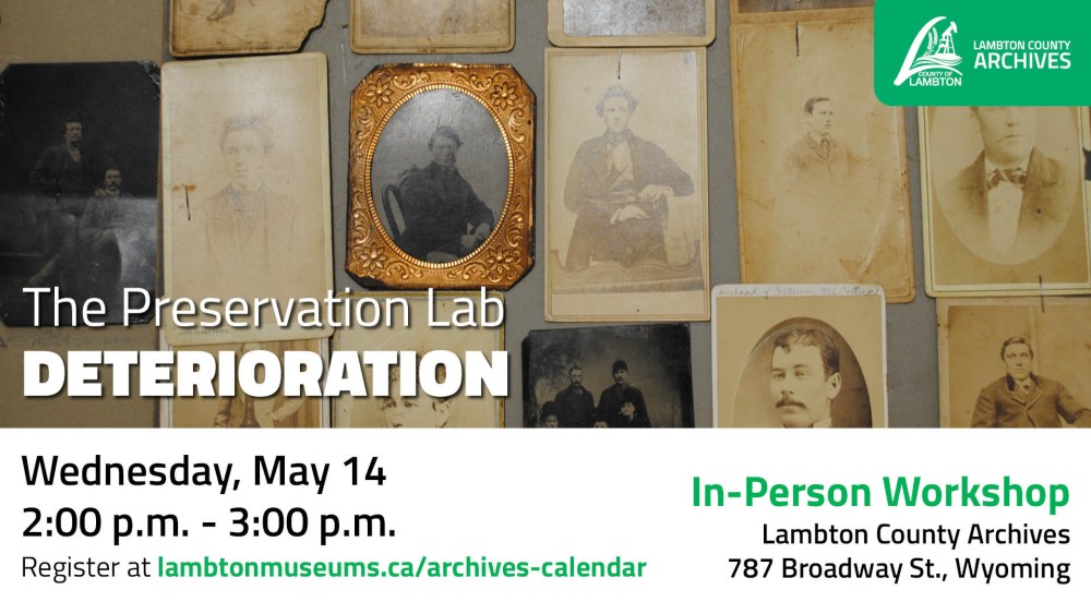 Historical images and photographs hanging on a wall with text listing the date and time of the Preservation Lab program