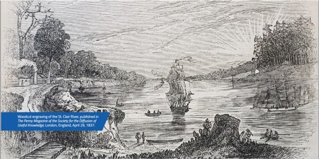 A woodcut engraving of the St. Clair River depicting early settlement. Includes boats, early housing, wooden bridges, treescapes, etc.
