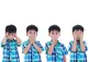 five photos of a little boy in a blue shirt, one hold hands over his ears, two holding hands over his mouth, three plugging his nose, four holding hands over his eyes