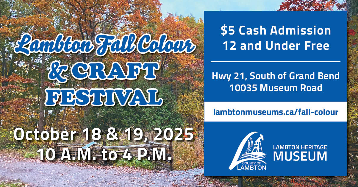 Trees with orange leaves in autumn with text overlay promoting the Lambton Fall Colour and Craft Festival