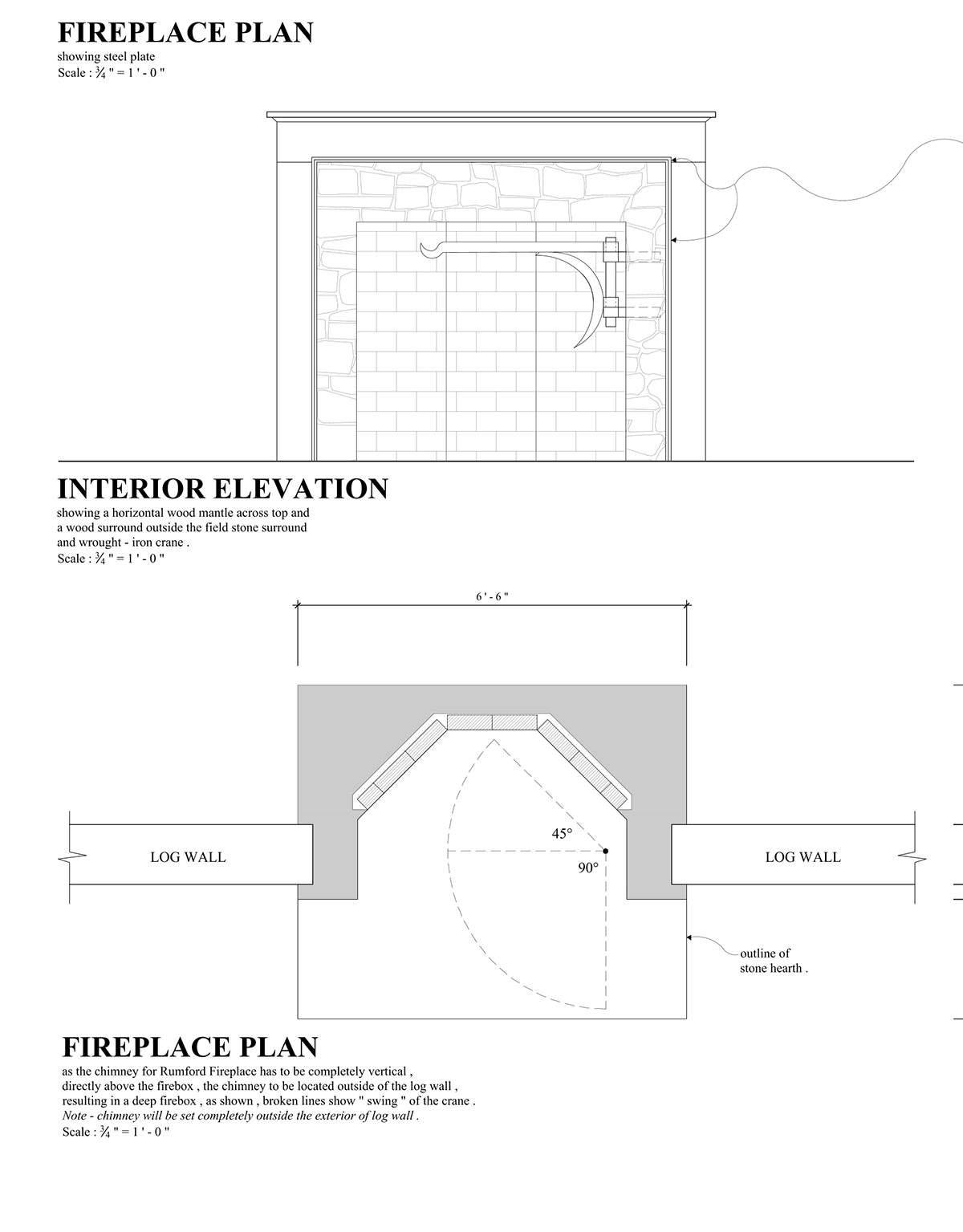 Architect drawings of Canatara Cabin fireplace