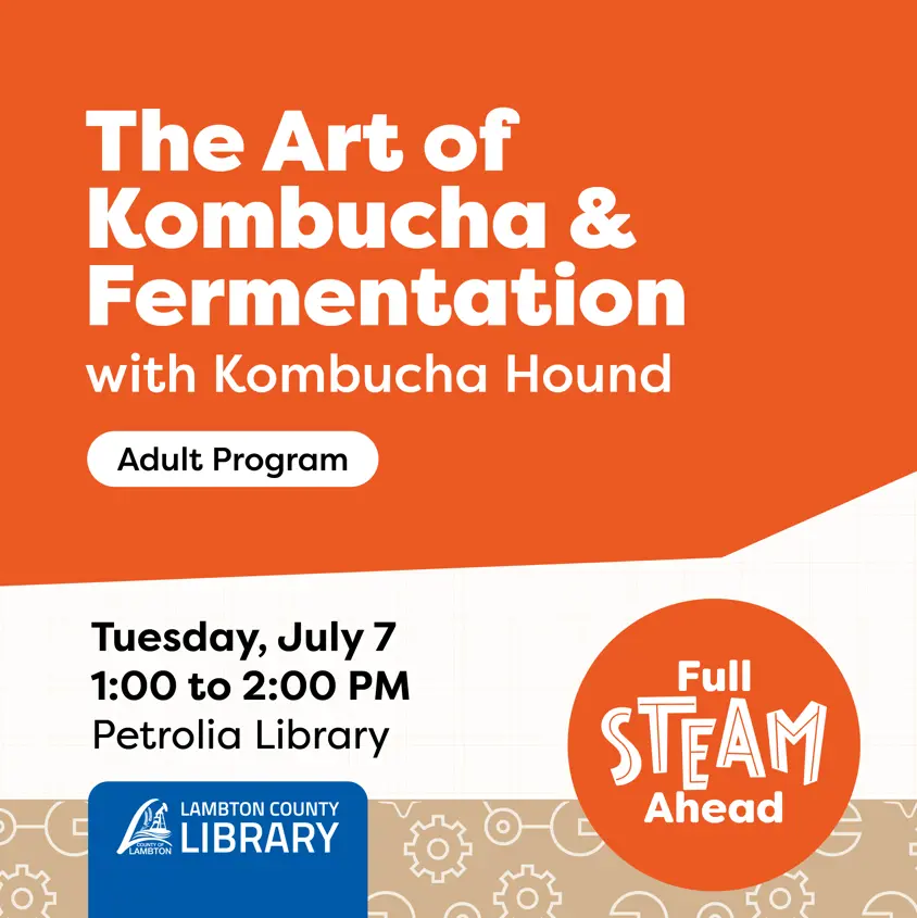 Promotional graphic for the "Art of Kombucha and Fermentation" event hosted by Lambton County Library.