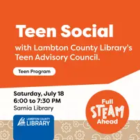 Promotional graphic for the "Teen Social" event hosted by Lambton County Library.